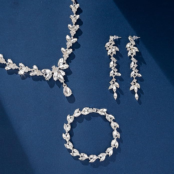Wedding Jewelry Sets for Bride Bridesmaid Bridal Jewelry Set for Women Wedding Crystal Necklace Earrings Bracelet Set for Party Prom Jewelry