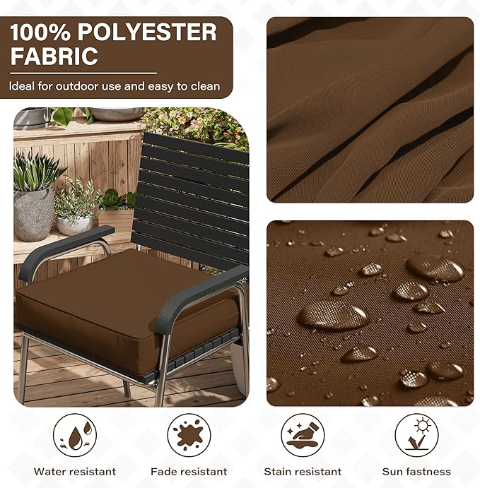 Patio Chair Cushions 24 X 24 X 5 Inch Waterproof Outdoor Seat Cushions for Patio Furniture, Outdoor Sofa Couch Pads with Ties & Handle, Set of 2, Chocolate-VerdiqueGarden