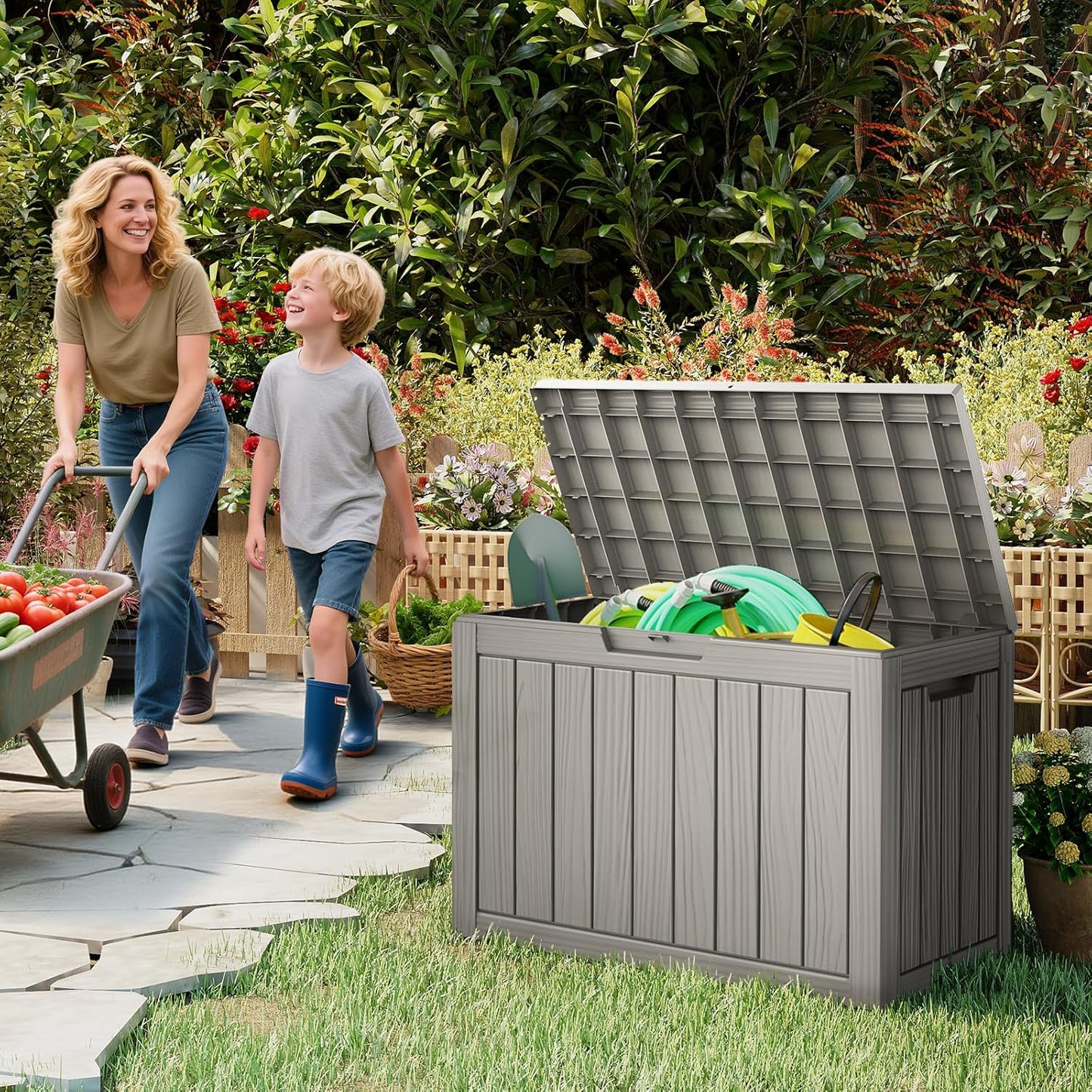 Outdoor Storage Box, 50 Gallon Waterproof Resin Deck Box, Storage Bin for Package Delivery, Patio Furniture Cushion, Garden Tools, Pool Accessories, Weatherproof and UV Resistant, Grey-VerdiqueGarden