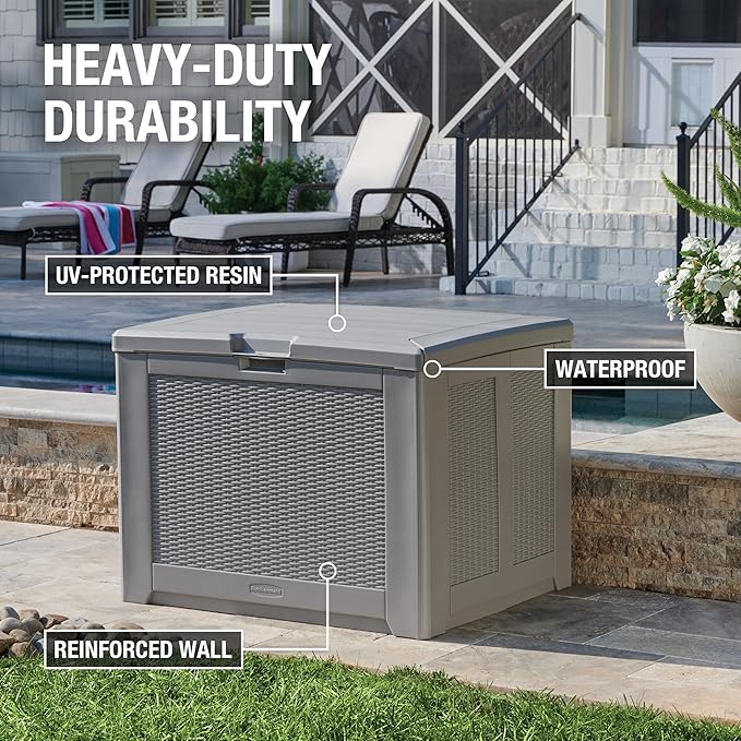 Rubbermaid Medium Resin Outdoor Storage Deck Box (74 Gal) Weather Resistant Gray Deck Organization for Home/Backyard/Pool Chemicals/Toys/Garden Tools/Porch/Patio Cushions-VerdiqueGarden