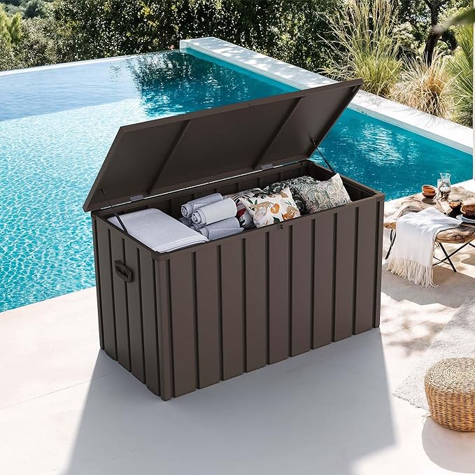 PURPLE LEAF Outdoor Deck Box 120 Gallon Waterproof Lockable Storage Box Container with Lid Deck Organization for Patio Cushions Side Table Pool Accessories Garden Tools, Brown-VerdiqueGarden