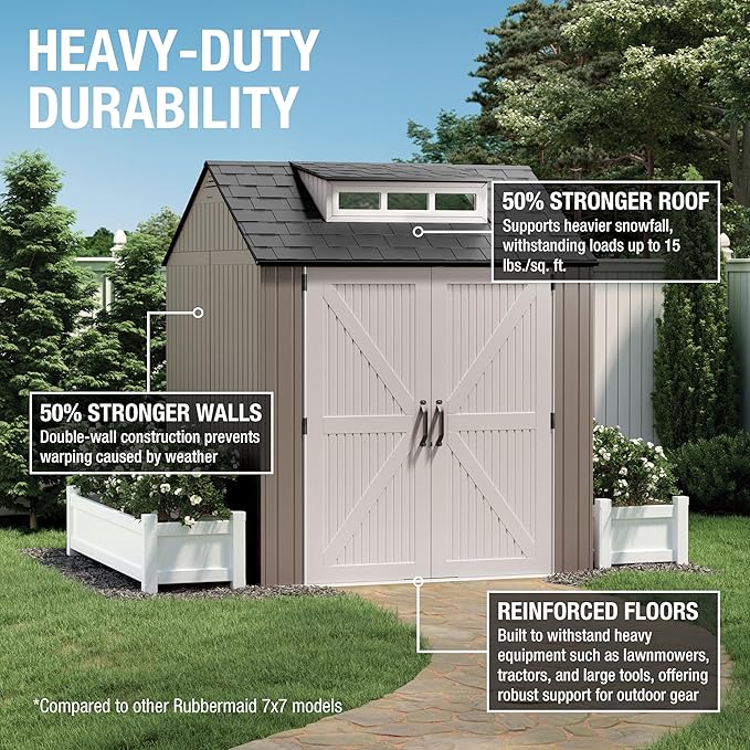 Rubbermaid Large Resin Outdoor Storage Shed With Floor (7 x 7 Ft.), Weather Resistant, Brown, Organization for Home/Lawn Mower/Backyard Equipment/Bike Storage/Pool Supplies-VerdiqueGarden