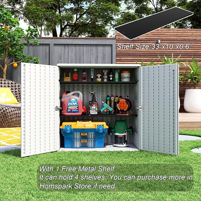 HOMSPARK Indoor/Outdoor Storage Cabinet with Doors and Shelf, 34”x16”x36” HDPE Plastic Storage Box for Patio, Bedroom, Bathroom, Living Room, Balcony, Multi-Purpose for Daily Tools, White-VerdiqueGarden