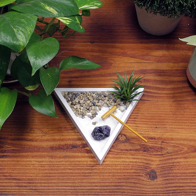 Nature's Mark Mini Zen Garden Kit for Desk with White Sand, Rake, White Base, Salt Rock and Air Plant (Triangle)-VerdiqueGarden