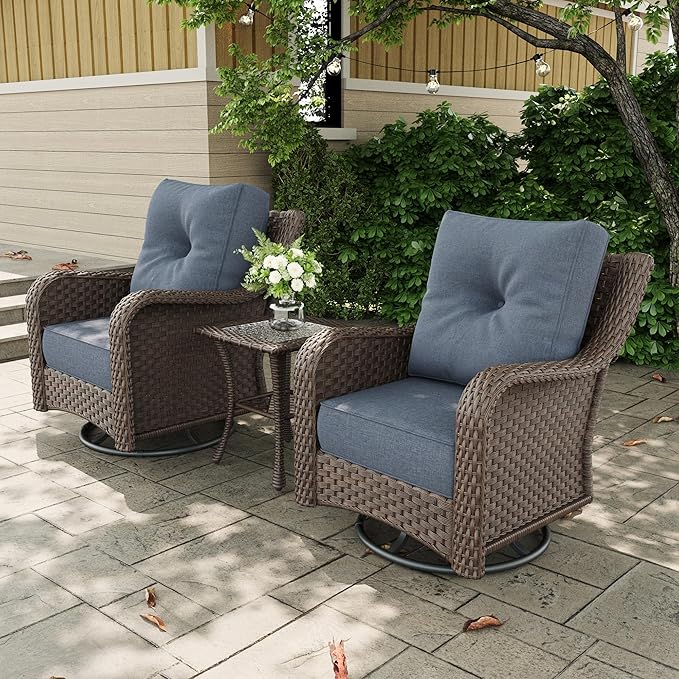 3 Pieces Outdoor Patio Furniture Sets with Rocking Swivel Chairs with 6-inch Thick Cushion and Side Table for Deck Lawn-VerdiqueGarden