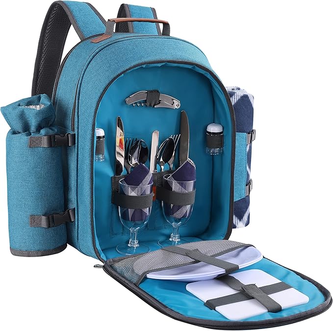 Apollo Walker Picnic Backpack Set for 2 Person with Cooler Compartment, Detachable Bottle/Wine Holder, Fleece Blanket, Plates and Cutlery Set (Teal)-VerdiqueGarden