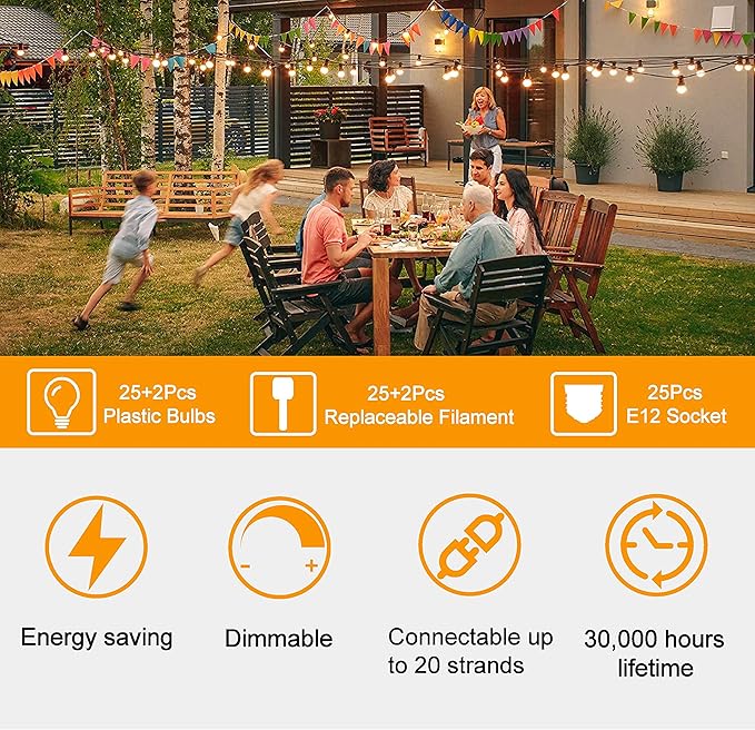 ZOTOYI Outdoor String Lights 50 FT, Patio Bulbs with 27 LED Plastic Edison ST38 Bulbs (2 Spare), Waterproof IP65 Outdoor Hanging Lights for Garden, Backyard, Cafe, Porch, Gift, Gazebo - Dimmable 2700K-VerdiqueGarden