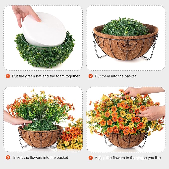 Artificial Fake Hanging Mums Plants Flowers Basket for Fall Autumn Outdoor Decor, Faux Silk Orange Dasiy Flower Look Real UV Resistant for Outside Porch Home Patio Garden Decoration-VerdiqueGarden