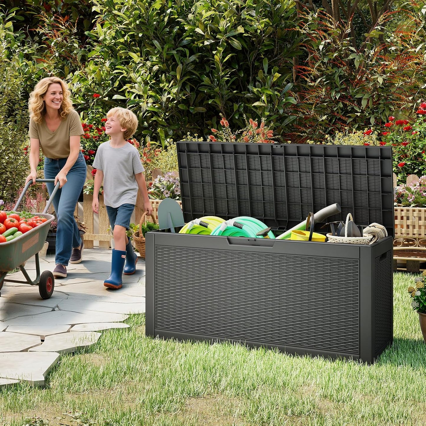 Outdoor Storage Box, 60 Gallon Waterproof Resin Deck Box, Storage Bin for Package Delivery, Patio Furniture Cushion, Garden Tools, Pool Accessories, Weatherproof and UV Resistant, Black-VerdiqueGarden