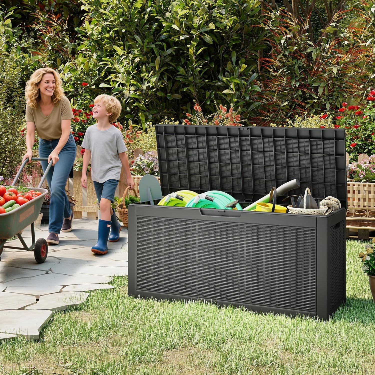 Outdoor Storage Box, 60 Gallon Waterproof Resin Deck Box, Storage Bin for Package Delivery, Patio Furniture Cushion, Garden Tools, Pool Accessories, Weatherproof and UV Resistant, Black-VerdiqueGarden