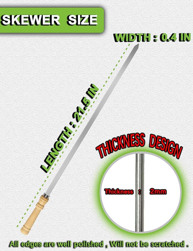 21.5 inch Long Flat Skewers for Kabobs (12 PCS),0.4" Wide 304 Stainless Steel Barbecue Kebab Skewers for Grilling with Wood Handle,Durable for BBQ Metal Kabob Skewer Sticks for Outdoor-VerdiqueGarden