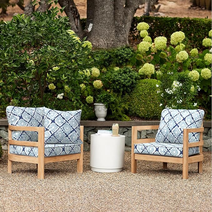 LVTXIII Outdoor Deep Seat Cushion Patio Seat and Back Cushion Set Seasonal Chair Cushion with Removable Cover and Adjustable Buckle for Home and Garden, 24"x24"x4", Boho Geometry Blue-VerdiqueGarden