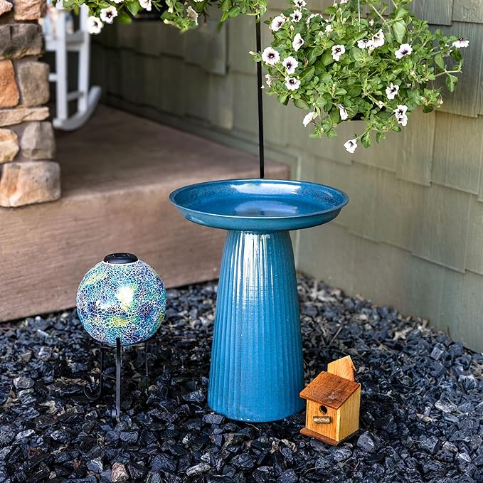 Sunnydaze Gleeful Garden Metal Bird Bath for Outdoors - Large Decorative Iron Birdbath - 23-Inch - Blue Glaze-VerdiqueGarden
