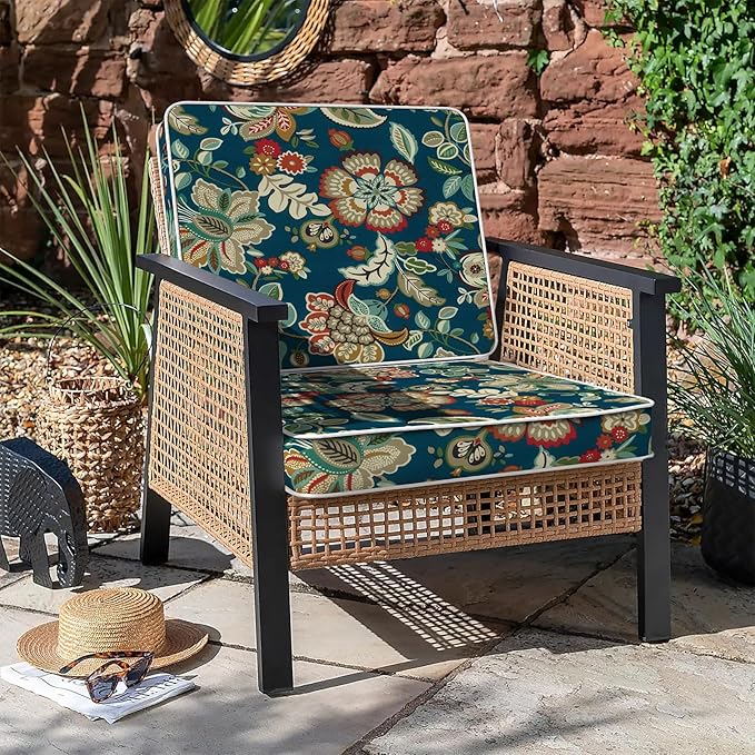 LVTXIII Patio Chair Cushions 22"x22"x3", Water-Repellent Outdoor Seat Cushions for Patio Furniture, Square Chair Pads with Ties for Home Garden Decoration, Set of 2, Peacock Blue-VerdiqueGarden