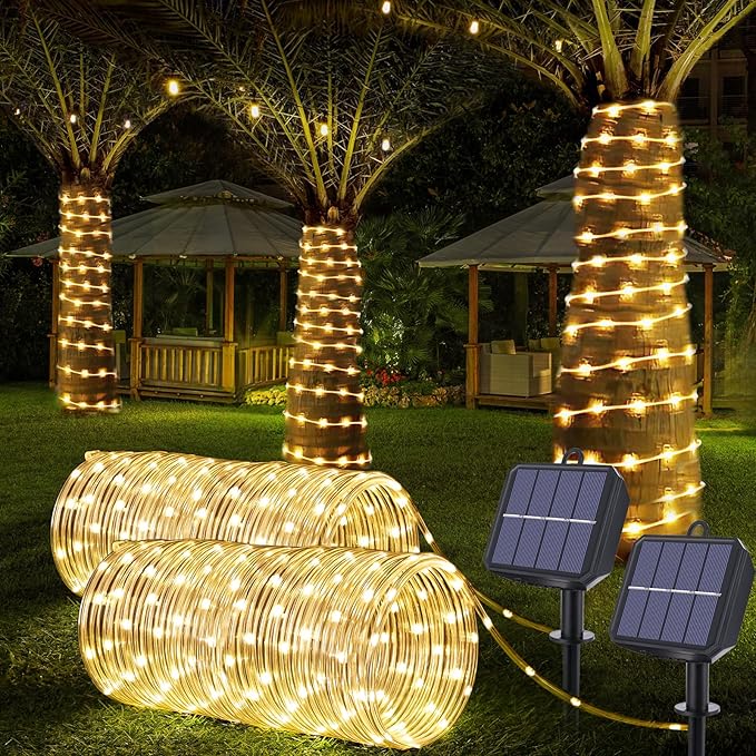 Solar Rope Lights, 2 Packs 66ft 200LED Solar String Lights, 8 Modes Waterproof Solar Powered Outdoor Lights, Flexible Clear Tube Light for Garden, Backyard, Patio, Deck, Pool,Tree Decor - Warm White-VerdiqueGarden