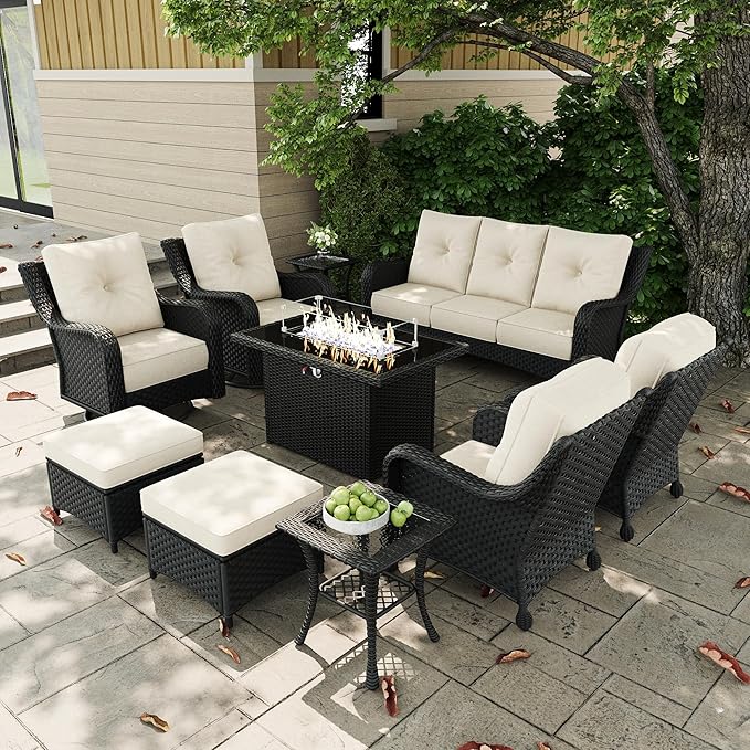 10 Pieces Outdoor Patio Furniture Sets with Rocking Swivel Chairs with 6-inch Thick Cushion and Fire Pit Table for Deck Lawn-VerdiqueGarden