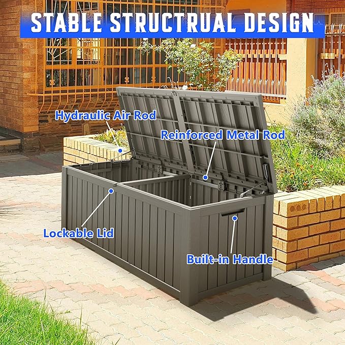 NUNU LAB 180 Gallon Outdoor Storage Box,Large Resin Sturdy Deck Box, Backyard Outside Storage Box Waterproof with Double Wall Panels,Package Delivery Garden Hose Storage Bin Outdoor Tool,Grey-VerdiqueGarden