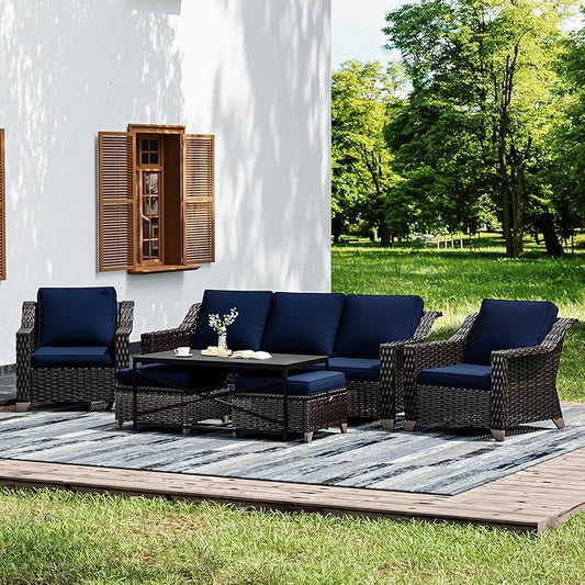 Joyside Wicker Patio Furniture Sets, 6 Pieces Upgraded Large Size Outdoor Furniture with Patio Dining Chairs, 3-Seat Sofa and Outdoor Ottoman, Thick Cushions, Wide Armrest-VerdiqueGarden