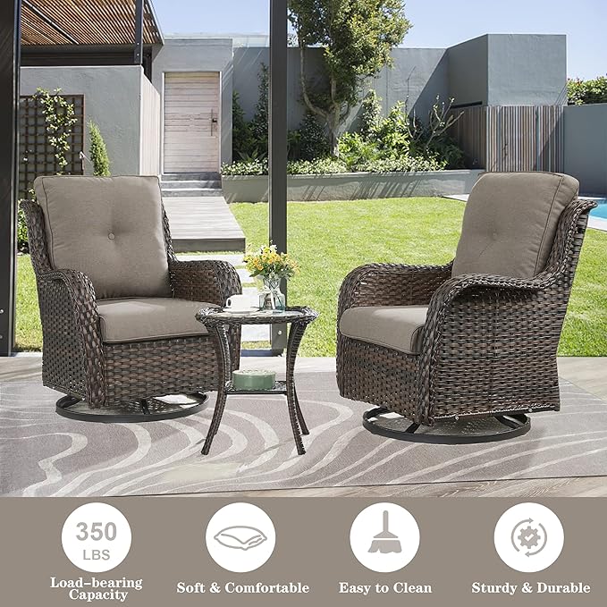 5 Pieces Patio Furniture Sets Wicker Outdoor Furniture, Rattan Patio Swivel Glider Chairs with 2 Ottoman and Glass Side Table-VerdiqueGarden