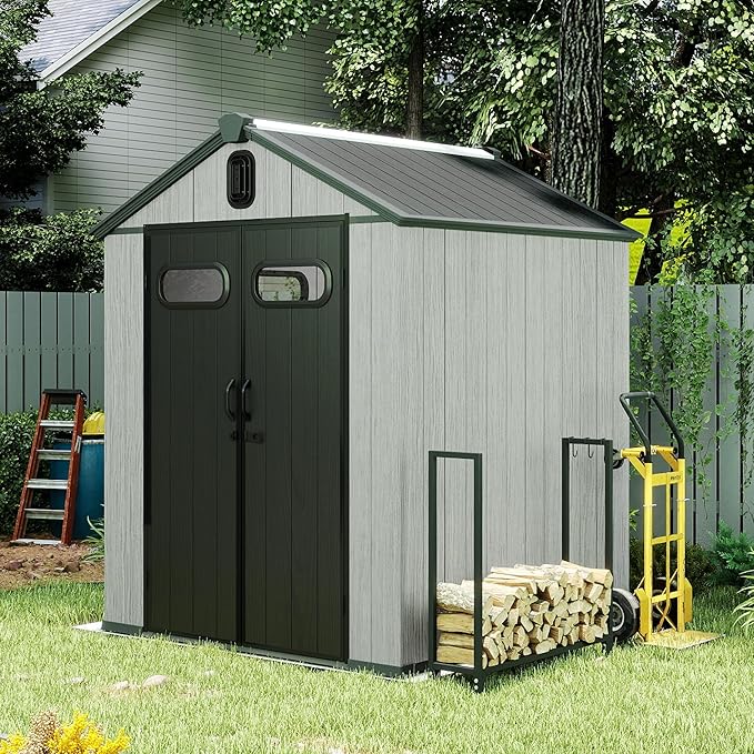 Domi 6x6FT Outdoor Resin Storage Shed with Transparent Windows & Louvered Vents, Plastic Tool Shed with Double Lockable Doors & Gable Roof, Outside Garden Shed for Backyard, Patio, Lawn, Grey-VerdiqueGarden