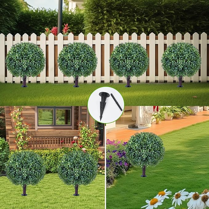 Artificial Boxwood Sphere Bushes Set of 2 Lifelike - UV Resistant Faux Shrubs with Stakes for Effortless Porch, Planter & Indoor Decor 16in FZHCZWZX-VerdiqueGarden