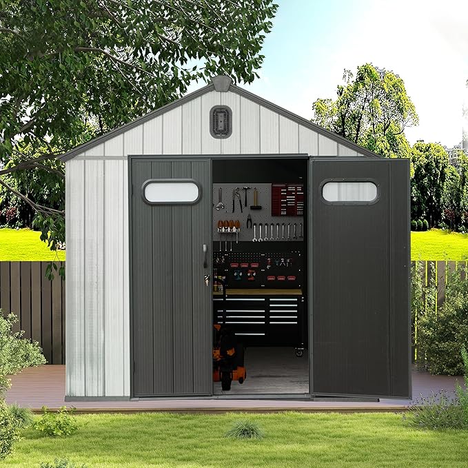 Domi 8x6 FT Outdoor Resin Storage Shed, All-Weather Double-Wall Storage Building for Backyard, Garden, Lawn Tools, Mower, Bike & Pool Equipment, Lockable Doors, Ventilated Roof, Grey-VerdiqueGarden