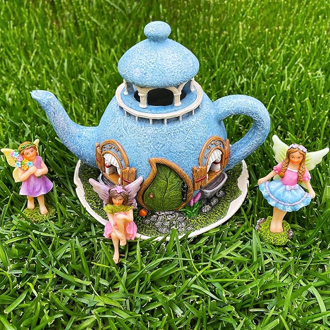 Mood Lab Fairy Garden Miniature Teapot House Kit - Figurines and Accessories Set of 4 pcs - 7.1 Inch Tall House-VerdiqueGarden