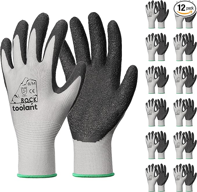 toolant Crinkle Latex Work Gloves Bulk, Rubber Coated Safety Work Gloves for Men and Women, 12 Pairs for Construction, Gardening, Warehouse (Gray, Medium)-VerdiqueGarden