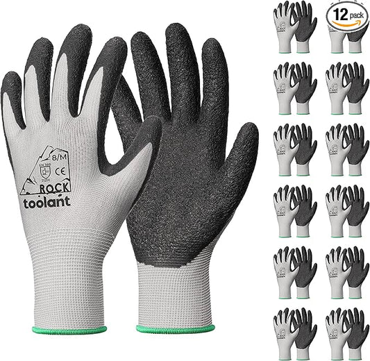 toolant Crinkle Latex Work Gloves Bulk, Rubber Coated Safety Work Gloves for Men and Women, 12 Pairs for Construction, Gardening, Warehouse (Gray, Medium)-VerdiqueGarden