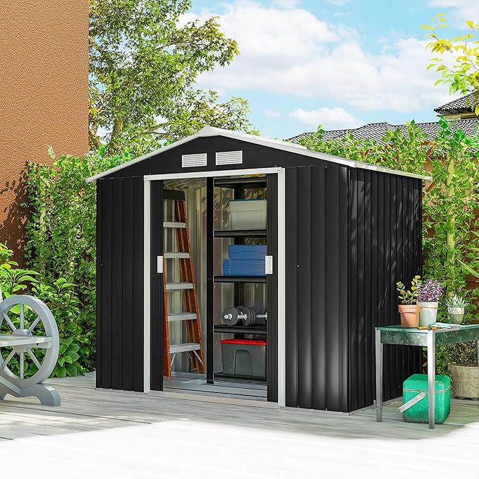 Outsunny 7' x 4' Outdoor Storage Shed, Garden Tool Metal Shed with Foundation Kit, Double Lockable Door, Air Vents and Sloping Roof, for Backyard, Patio, Lawn, Dark Gray-VerdiqueGarden