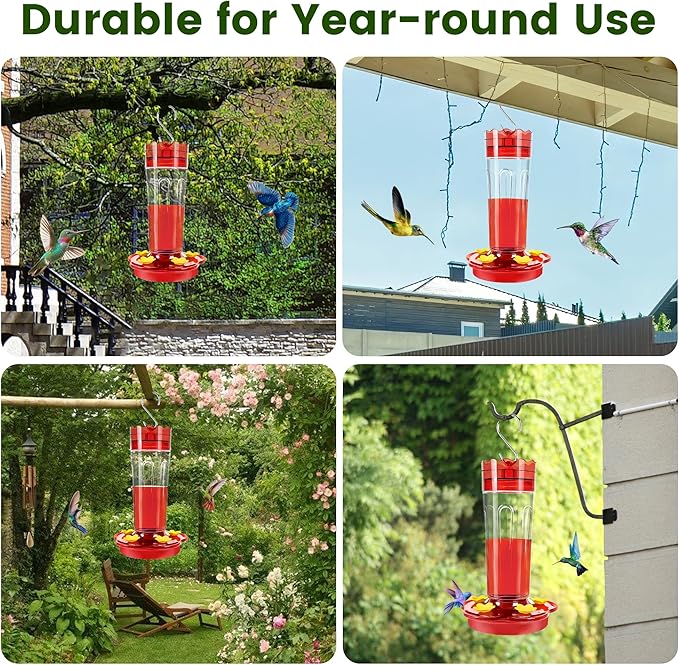 Glass Hummingbird Feeders for Outdoors Hanging Ant and Bee Proof, 2 Pack 15 Ounces Red Hummingbird Feeder with 5 Feeding Ports and Perches, Built-in Ant Moat, Outside Garden Décor (Glass, 2)-VerdiqueGarden