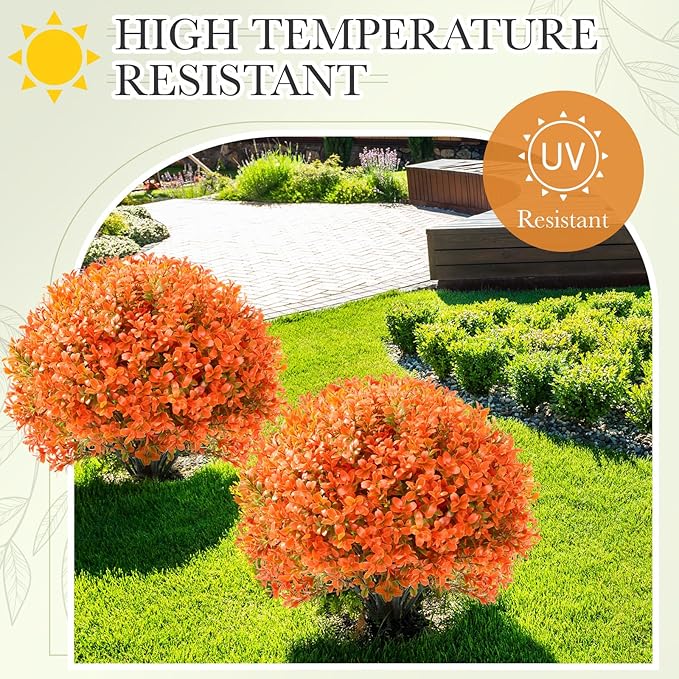 Yunlly 4 Pack 18" Artificial Boxwood Ball Bush Topiary Trees Fake Outdoor Plants, Realistic UV Resistance Faux Shrubs with Spike Greenery Topiary for Front Porch Garden Yard Patio Indoor (Orange)-VerdiqueGarden