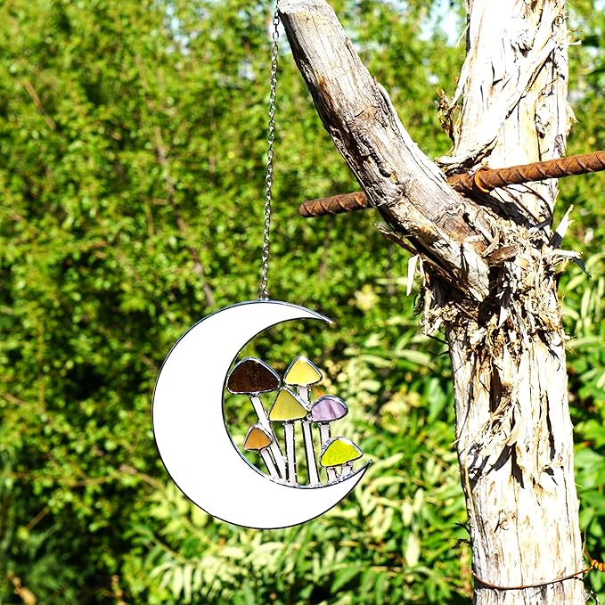 Sensory4U Mushroom Moon Stained Glass Suncatcher - Earth Tone Modern Window Hanging Wall Art - Home Decor or Garden Suncatcher for Natural Light Reflection-VerdiqueGarden