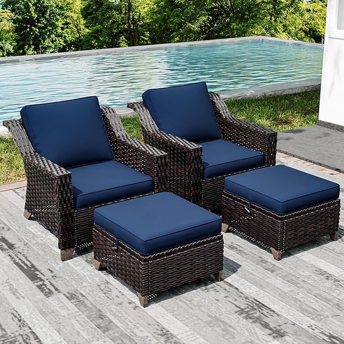 Joyside Wicker Patio Furniture Sets, 4 Pieces Upgraded Large Size Outdoor Furniture with Patio Dining Chairs and Outdoor Ottoman, Thick Cushions, Wide Armrest-VerdiqueGarden