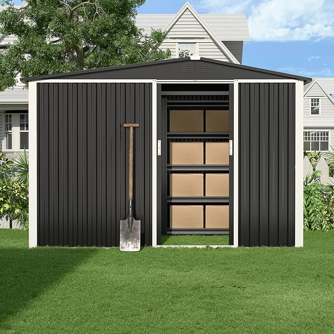 Metal Outdoor Storage Shed 10FT x 6FT with Firewood Storage, Steel Utility Tool Shed Storage House with Sliding Door, Metal Sheds Outdoor Storage for Backyard Garden Patio Lawn, Black-VerdiqueGarden