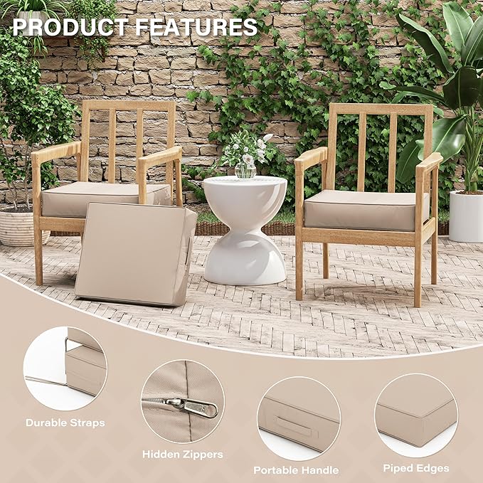 Patio Chair Cushions 18.5 X 16 X 4 Inch Waterproof Outdoor Seat Cushions for Patio Furniture, Outdoor Sofa Couch Pads with Ties & Handle, Set of 2, Sand-VerdiqueGarden