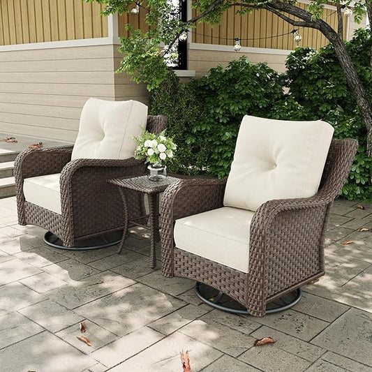 3 Pieces Outdoor Patio Furniture Sets with Rocking Swivel Chairs with 6-inch Thick Cushion and Side Table for Deck Lawn-VerdiqueGarden