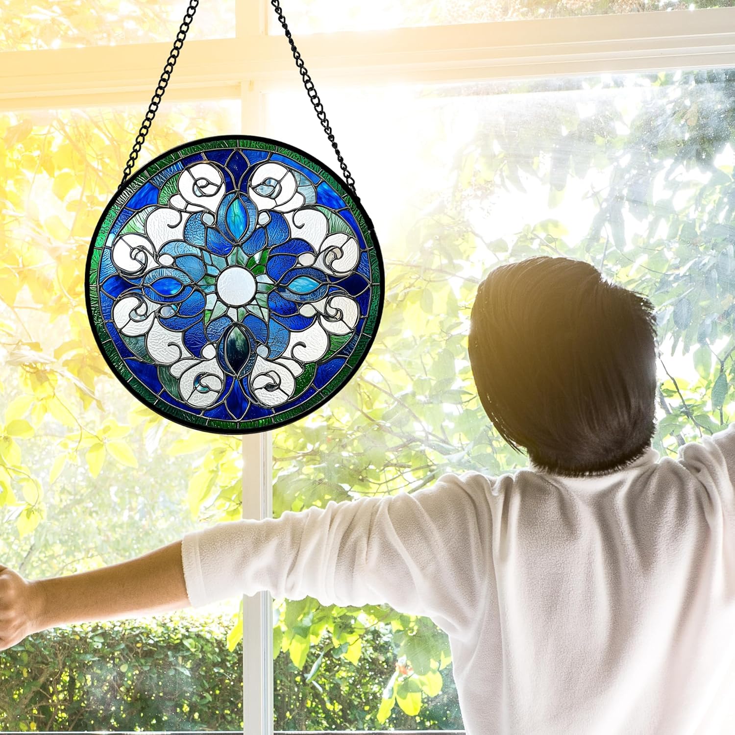 Stained Glass Window Hanging, Boho Style Sun Catchers Diamond Glass Panel Hangings Tiffany Suncatcher Decor for Birthday for Women, Men, Wife, Aunt, and Mom 11.8x11.8 in-VerdiqueGarden