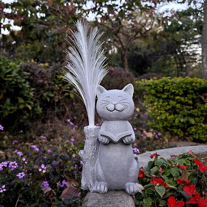 Cat Solar Garden Statues,Resin Cat Figurine Reading a Book and 7-Color Changing Optical Fiber with Solar Lights, Lawn Decor Outdoor Statue for Patio,Balcony,Yard,Lawn Ornament-VerdiqueGarden