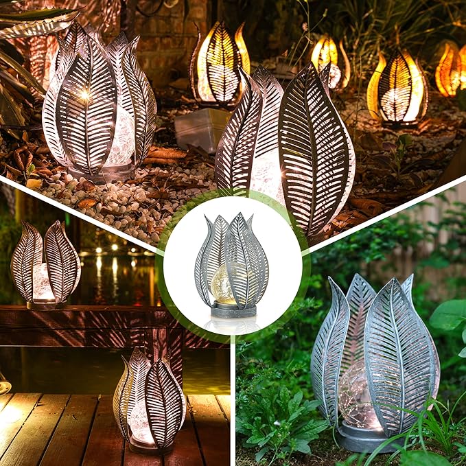 Solar Lights Outdoor Waterproof Garden Decor Crackle Glass Globe,Metal Yard Art Solar Outdoor Lights for Table Decor Porch,Patio Decorations.Gardening Gifts for Women/Mom-VerdiqueGarden