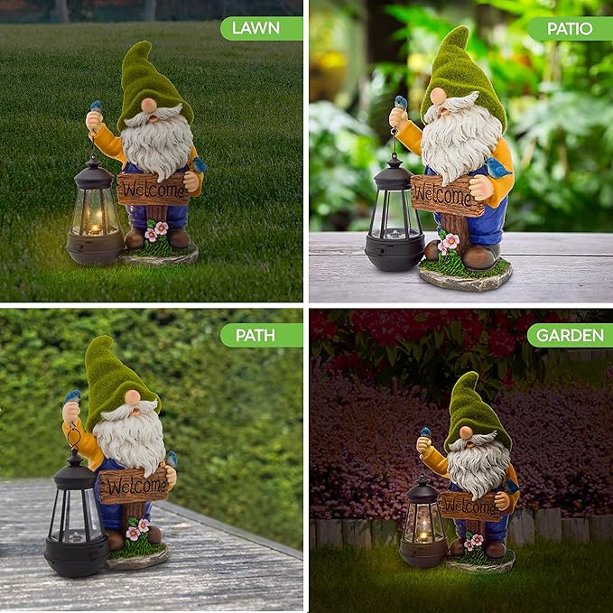 Garden Gnomes Outdoor - Flocked Gnome Statue Holding Lantern with Solar LED Lights | Gnomes Garden Decorations for Patio, Yard, Lawn Ornaments - Gnome Gifts-VerdiqueGarden