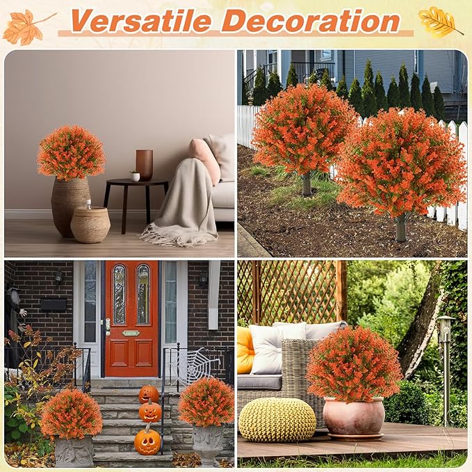 Yunlly 4 Pcs 18 Inch Fall Artificial Boxwood Ball Topiary Tree Outdoor Plants Bush, UV Resistance Faux Shrub with Spike Fall Porch Decor for Indoor Garden Yard Porch Patio Decor (Orange)-VerdiqueGarden