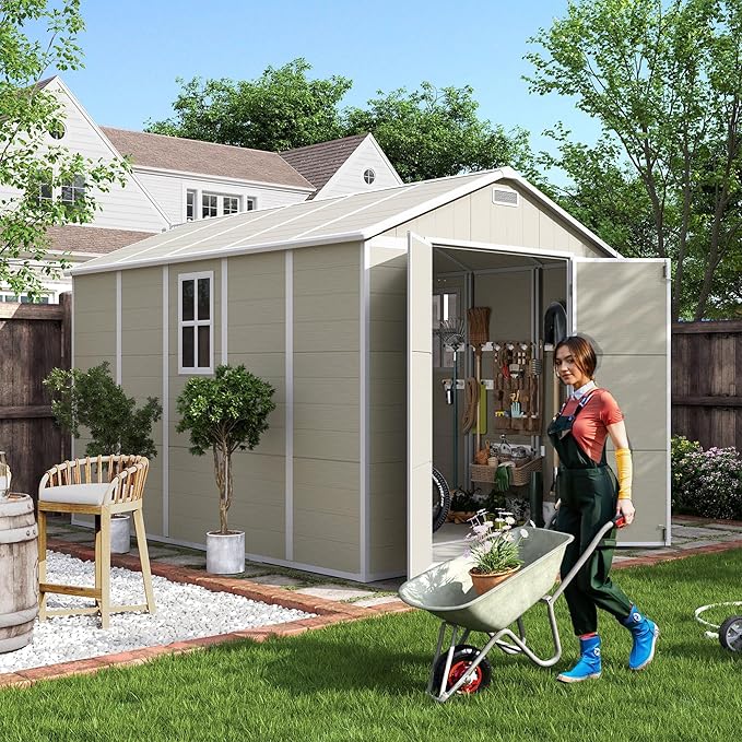 UDPATIO Outdoor Storage Shed 7.5x10.7 FT, Plastic Garden Shed for Bike, Garbage Can, Tool, Outside Sheds & Outdoor Resin Shed with Lockable Door for Backyard, Patio, Lawn, Standstone-VerdiqueGarden
