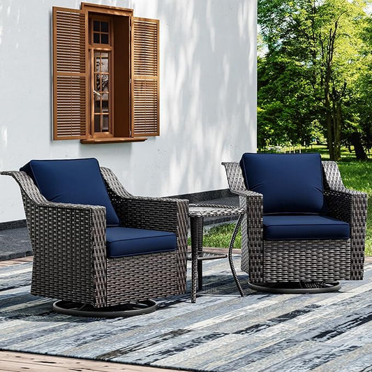 Joyside Wicker Patio Furniture Sets, 3 Pieces Upgraded Large Size Outdoor Furniture with 2 Patio Swivel Chairs and 1 Side Table, Thick Cushions, Wide Armrest-VerdiqueGarden