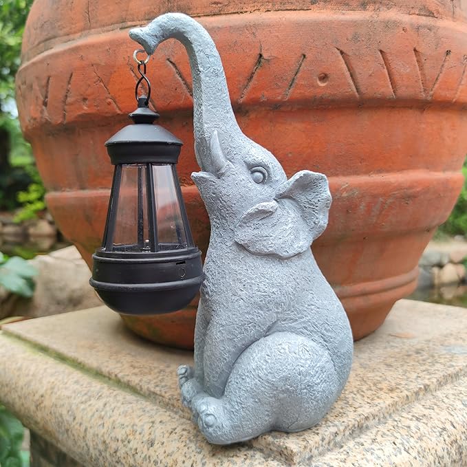 Elephant Solar Garden Statues,Resin Elephant Figurine Decorations with Solar Lights Lantern, Outdoor Elephant Decor Art for Lawn,Yard, Unique Housewarming Gift for Garden Home, VY-0617-VerdiqueGarden
