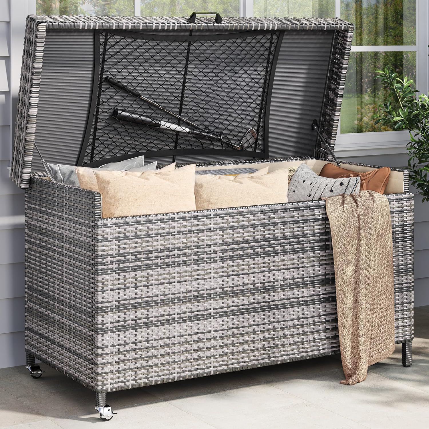 YITAHOME 200 Gallon Large Wicker Deck Box w/Storage Net, Rattan XL Outdoor Storage Box Patio Cushion Storage, Patio Storage Box for Garden Tools, Pool Sports Equipment (Grey)-VerdiqueGarden