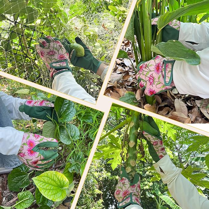 Gardening Gloves for Women, Garden Gloves with Touch Screen, Thorn Proof Puncture Resistant Working Gloves, Gardening Gifts for Women (Green with Pink Flowers, Medium)-VerdiqueGarden