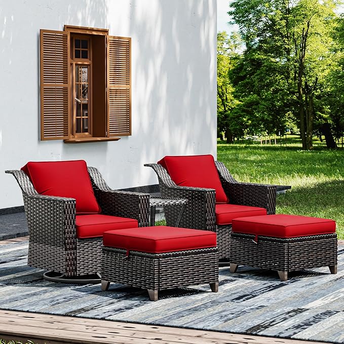 Joyside Wicker Patio Furniture Sets, 5 Pieces Upgraded Large Size Outdoor Furniture with Swivel Rocking Patio Chairs, Outdoor Ottoman and Side Table, Thick Cushions, Wide Armrest-VerdiqueGarden
