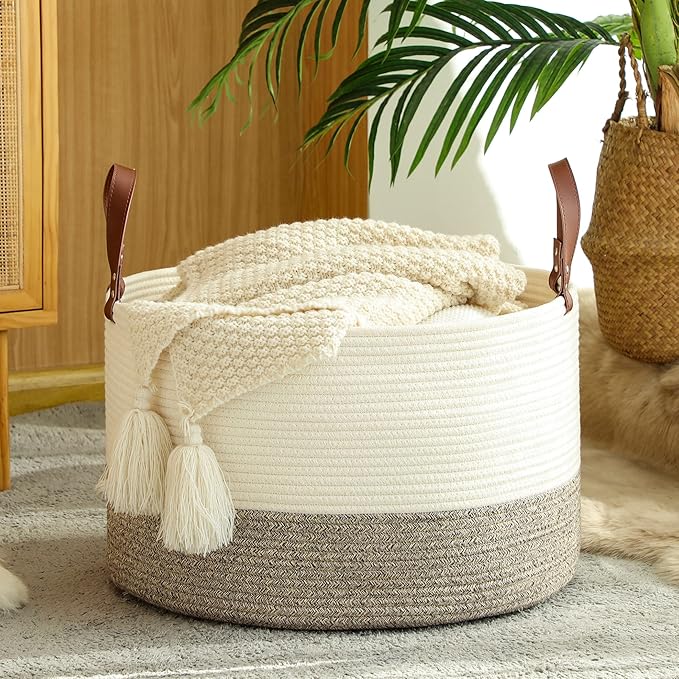 KAKAMAY Large Blanket Basket (20"x13"),Woven Baskets for storage Baby Laundry Hamper,Cotton Rope Blanket Basket for Living Room, Laundry, Nursery, Pillows, Baby Toy chest (White/Beige)-VerdiqueGarden