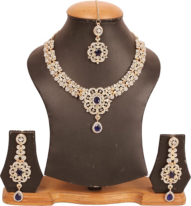 Touchstone Indian jewelry sets for women gold wedding tikka necklace set guest costume fancy bridal jewellery rhinestone crystal elegant formal prom evening wear dainty accessories